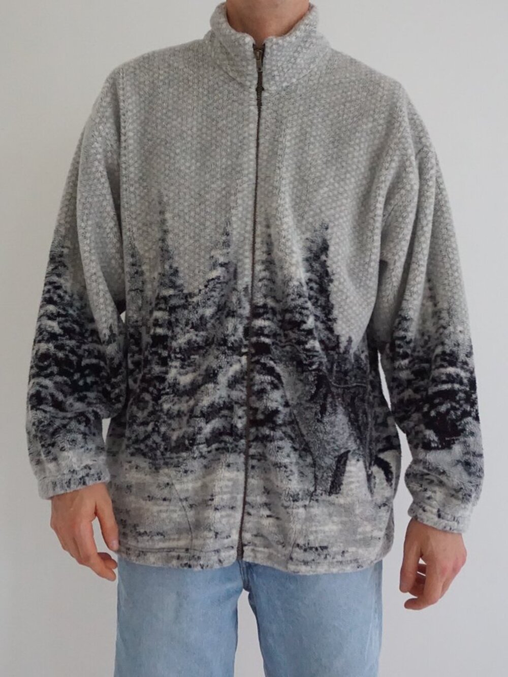 Vintage 90's AOP Marshlands Wolf Nature Forest Scenic Fleece Full Zip Jacket XL